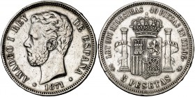 1871*1873. Amadeo I. DEM. 5 pesetas. (Cal. 9). 24,89 g. Rara. MBC-/MBC.