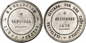 1873. Revolución Cantonal. Cartagena. 5 pesetas. (Cal. 5). 28,22 g. Anverso coincidente. 80 perlas en gráfila del anverso y 85 en la del reverso. Buen...
