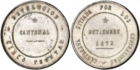 1873. Revolución Cantonal. Cartagena. 5 pesetas. (Cal. 6). 26,61 g. 86 perlas en anverso y 90 en reverso. Reverso no coincidente. Bella. Escasa así. E...