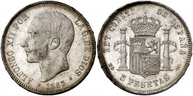 1885*1885. Alfonso XII. MSM. 5 pesetas. (Cal. 40). 24,99 g. Leves marquitas. Bella. Brillo original. Rara así. EBC+.