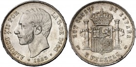 1885*1887. Alfonso XII. MSM. 5 pesetas. (Cal. 42). 24,94 g. Leves marquitas. Bella. Preciosa pátina. EBC.