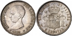 1889*1889. Alfonso XIII. MPM. 5 pesetas. (Cal. 14). 24,94 g. Leves marquitas. Buen ejemplar. Escasa así. EBC-.