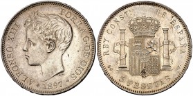 1897*1897. Alfonso XIII. SGV. 5 pesetas. (Cal. 26). 25,14 g. Bella. Brillo original. EBC+.