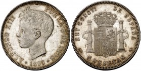 1899*1899. Alfonso XIII. SGV. 5 pesetas. (Cal. 28). 24,77 g. Golpecito en canto. Bella. EBC+.