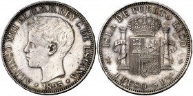 1895. Alfonso XIII. Puerto Rico. PGV. 1 peso. (Cal. 82). 25,01 g. Leves golpecitos. Preciosa pátina. Rara. MBC+/EBC-.
