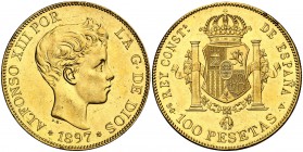 1897*1897. Alfonso XIII. SGV. 100 pesetas. (Cal. 1). 32,23 g. Leves golpecitos. EBC-.