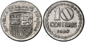 1938. II República. 10 céntimos. (Cal. 8). 3,91 g. Magnifico ejemplar. Rara y más así. EBC.