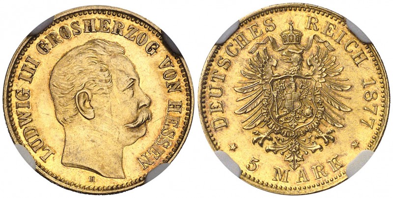 1877. Alemania. Hese-Darmstadt . Luis III. H (Darmstadt). 5 marcos. (Fr. 3787) (...