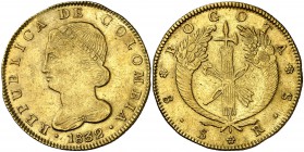 1832. Colombia. Bogotá. RS. 8 escudos. (Fr. 67) (Kr. 82.1) (Cal.Onza 1715). 27,06 g. AU. Leves marquitas. Parte de brillo original. EBC-.