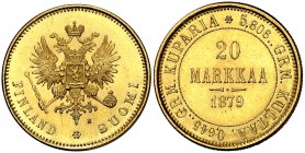 1879. Finlandia. Alejandro II. S. 20 marcos. (Fr. 1) (Kr. 9.2). 6,44 g. AU. Leves marquitas. Bella. Brillo original. Escasa así. EBC+.