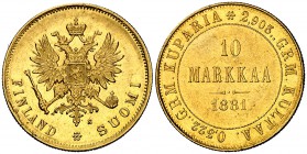 1881. Finlandia. Alejandro III. S. 10 marcos. (Fr. 5) (Kr. 8.2). 3,23 g. AU. Leves marquitas. Bella. Brillo original. EBC.