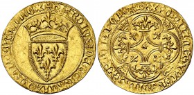 Francia. Carlos VI (1380-1422). 1 écu d'or à la couronne. (Fr. 291). 3,93 g. AU. Bella. Ex Stack's 10-12/06/1996, nº 686. EBC.
