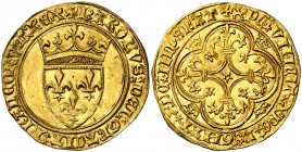 Francia. Carlos VI (1380-1422). 1 écu d'or. (Fr. 291). 3,82 g. AU. Muy bella. Rara así. EBC+.