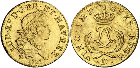 1723. Francia. Luis XV. D (Lyon). 1 luis de oro. (Fr. 459) (Kr. 468.5). 6,51 g. AU. Mínimas marquitas. Bella. Ex Künker 24/06/2015, nº 3084. Rara. EBC...