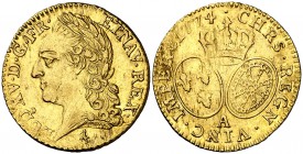 1774. Francia. Luis XV. A (París). 1 luis de oro. (Fr. 467) (Kr. 556.1). 8,16 g. AU. Leves impurezas. Bella. Ex Künker 23/06/2016, nº 3425. Muy rara. ...