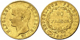 1806. Francia. Napoleón I. I (Limoges). 20 francos. (Fr. 483) (Kr. 674.2). 6,40 g. AU. Acuñaciones de 8143 ejemplares. Rayitas y golpecitos. Rara. MBC...