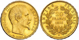 1853. Francia. Napoleón III. A (París). 20 francos. (Fr. 573) (Kr. 781.1). 6,44 g. AU. Bella. EBC+.