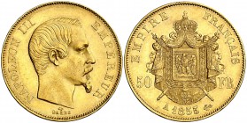 1855. Francia. Napoleón III. A (París). 50 francos. (Fr. 571) (Kr. 785.1). 16,10 g. AU. Atractiva. EBC-.