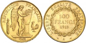 1913. Francia. III República. A (París). 100 francos. (Fr. 590) (Kr.858). 32,25 g. AU. Leves marquitas. Bella. EBC.