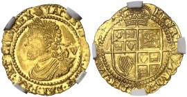 (1621-1623). Inglaterra. Jaime I. Londres. 1/4 laurel. (Fr. 244) (Kr. 68). AU. En cápsula de la NGC como MS63. Bella. Brillo original. Ex Stack's Bowe...