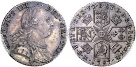 1787. Inglaterra. Jorge III. 1 chelín. (Kr. 607.2). AG. Corazones en el escudo de Hannover. En cápsula de la PCGS como MS62. Bella. Ex Stack's Bowers ...