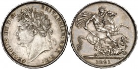 1821. Inglaterra. Jorge IV. 20 coronas. (Kr. 680.1). 28,21 g. AG. Leves marquitas. Bella. Brillo original. Escasa así. EBC+.