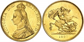 1887. Inglaterra. Victoria. 5 libras. (Fr. 390) (Kr. 769). 39,90 g. AU. Leves marquitas. Bella. Brillo original. EBC+.