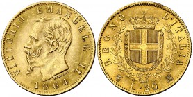 1864. Italia. Víctor Manuel II. T-BN (Turín). 20 liras. (Fr. 11) (Kr. 10.1). 6,45 g. AU. Bella. EBC.