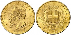 1865. Italia. Víctor Manuel II. T-BN (Turín). 20 liras. (Fr. 11) (Kr. 10.1). 6,46 g. AU. Bella. EBC.
