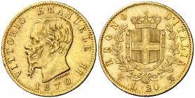 1870. Italia. Víctor Manuel II. T-BN (Turín). 20 liras. (Fr. 11) (Kr. 10.1). 6,42 g. AU. Rara. MBC+.
