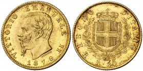 1876. Italia. Víctor Manuel II. R (Roma). 20 liras. (Fr. 12) (Kr. 10.2). 6,44 g. AU. Bella. EBC.