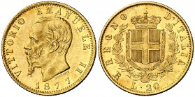 1877. Italia. Víctor Manuel II. R (Roma). 20 liras. (Fr. 12) (Kr. 10.2). 6,44 g. AU. Bella. EBC.