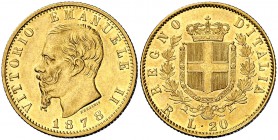 1878. Italia. Víctor Manuel II. R (Roma). 20 liras. (Fr. 12) (Kr. 10.2). 6,44 g. AU. Bella. EBC-/EBC.