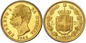 1883. Italia. Umberto I. R (Roma). 20 liras. (Fr. 21) (Kr. 21). 6,45 g. AU. Bella. EBC.
