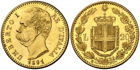 1891. Italia. Umberto I. R (Roma). 20 liras. (Fr. 21) (Kr. 21). 6,44 g. AU. Bella. EBC.