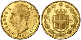 1893. Italia. Umberto I. R (Roma). 20 liras. (Fr. 21) (Kr. 21). 6,44 g. AU. Golpecito en canto. Bella. EBC/EBC+.