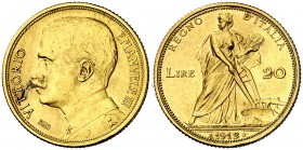 1912. Italia. Víctor Manuel III. R (Roma). 20 liras. (Fr. 28) (Kr. 48). 6,46 g. AU. Bella. Rara. EBC+.