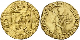Portugal. Juan III (1521-1557). Porto. 1/2 San Vicente (500 reis). (Fr. 34) (Gomes 183.02 var). 3,75 g. AU. Ex Áureo & Calicó 29/10/2014, nº 2177. Muy...