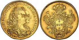 1780. Portugal. María I y Pedro III. 4 escudos (6400 reis). (Fr. 107) (Gomes 27.06). 14,23 g. AU. Hojitas. Rara. (EBC-).