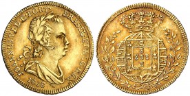 1818. Portugal. Juan VI. 1/2 escudo (800 reis). (Fr. 131) (Gomes 15.01). 1,59 g. AU. Acuñación de 270 ejemplares. Preciosa pátina. Muy rara. EBC.