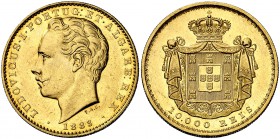 1883. Portugal. Luis I. 10000 reis. (Fr. 152) (Gomes 17.09). 17,70 g. AU. Leves marquitas. Bella. Brillo original. Rara. EBC+.