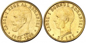 1906. Rumanía. Carlos I. 20 lei. (Fr. 5) (Kr. 36). 6,44 g. AU. Bella. Escasa y más así. EBC+.