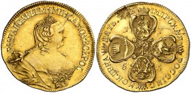 1755. Rusia. Isabel. 5 rublos. (Fr. 124) (Kr. 27.2). 8,19 g. AU. Grieta y hoja saltada en reverso. Bella pátina. Rarísima. (EBC/EBC-).