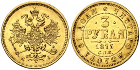 1875. Rusia. Alejandro II. (San Petersburgo). HI. 3 rublos. (Fr. 164) (Kr. 26). 3,89 g. AU. Leves marquitas. Rara. EBC-/EBC.