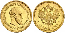 1887. Rusia. Alejandro III. . 5 rublos. (Fr. 168) (Kr. 42). 6,45 g. AU. Leves marquitas. Bella. Brillo original. Escasa. EBC+.