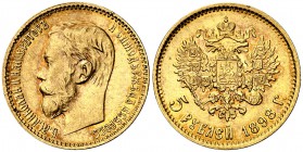 1898. Rusia. Nicolás II. . 5 rublos. (Fr. 180) (Kr. 62). 4,32 g. AU. Bella. Preciosa pátina. Escasa así. EBC/EBC+.