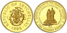 1995. Seychelles. Isabel II. 100 rupias. (Fr. 16) (Kr. 86). 7,71 g. AU. Reina madre Isabel. Acuñación de 5000 ejemplares. Proof.