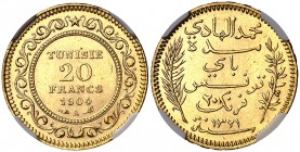AH 1321/1904. Túnez. Muhammad al-Hadi Bey. A (París). 20 francos. (Fr. 12) (Kr. 234). AU. En cápsula de NGC como MS64. Bella. Ex Stack's Bowers 12/01/...