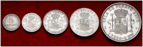 1895-1896. Alfonso XIII. Puerto Rico. PGV. 5, 10, 20, 40 centavos y 1 peso. (Cal. 82 a 85). Lote de 5 monedas, serie completa. A examinar. MBC/MBC+.