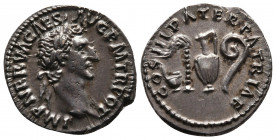 Nerva, 97 AD. AR Denarius (18,9mm, 3,6g). Rome. Obv: IMP NERVA CAES AVG P M TR POT II, laureate head right .
Rev: COS III PATER PATRIAE, simpulum, spr...